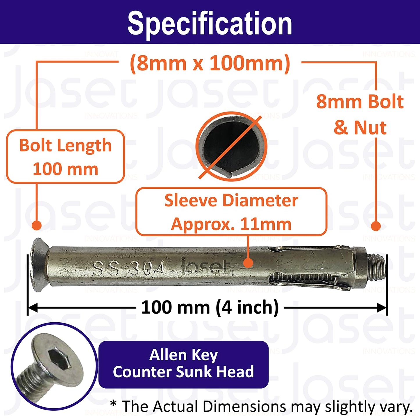 304 Grade Stainless Steel Anchor Fastener – Expansion Type – 8mm Bolt, 100mm Length (8x100) – Allen Key Counter Sunk Head – Pack of 100 pcs
