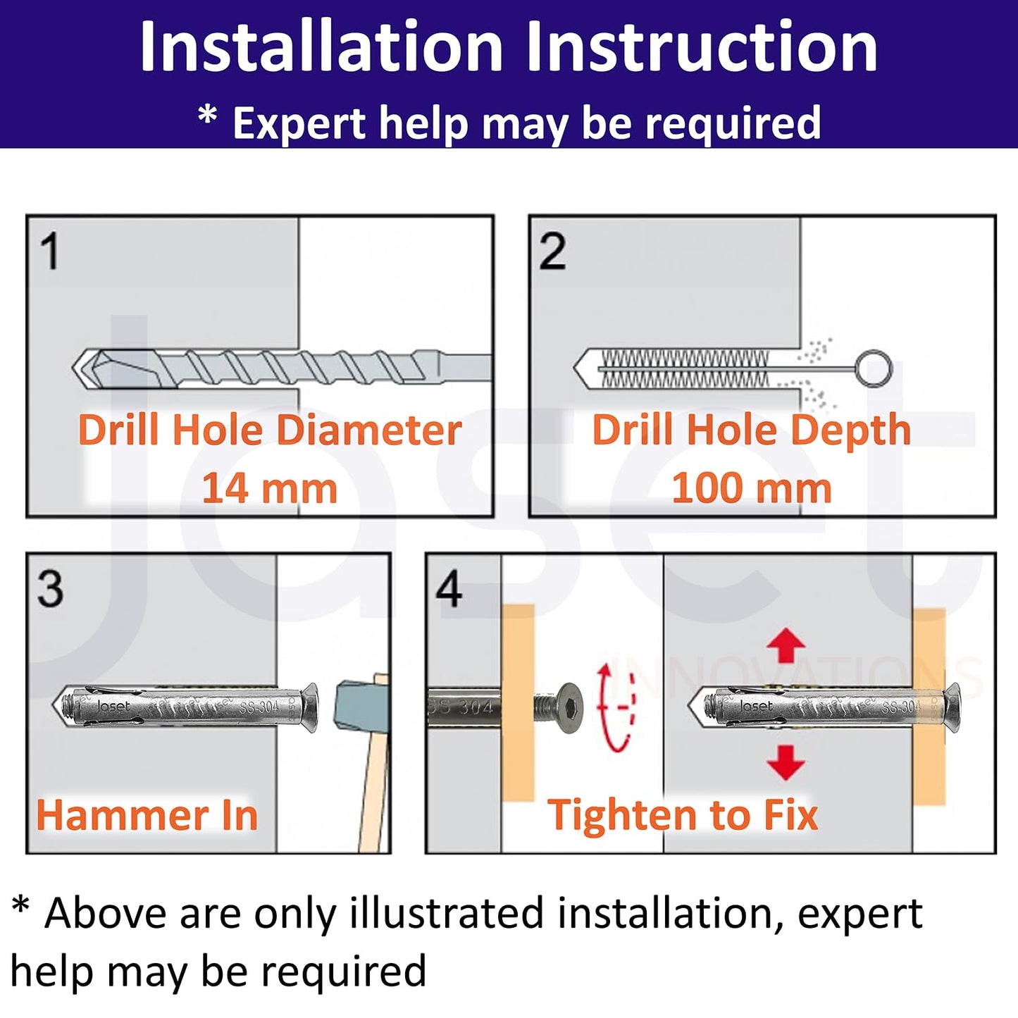 Stainless Steel Anchor Fasteners - 304 Grade Allen CSK (Counter Sunk) Type Head Bolt - 10mm Bolt Diameter, 100mm Length (Pack of 1 Piece)