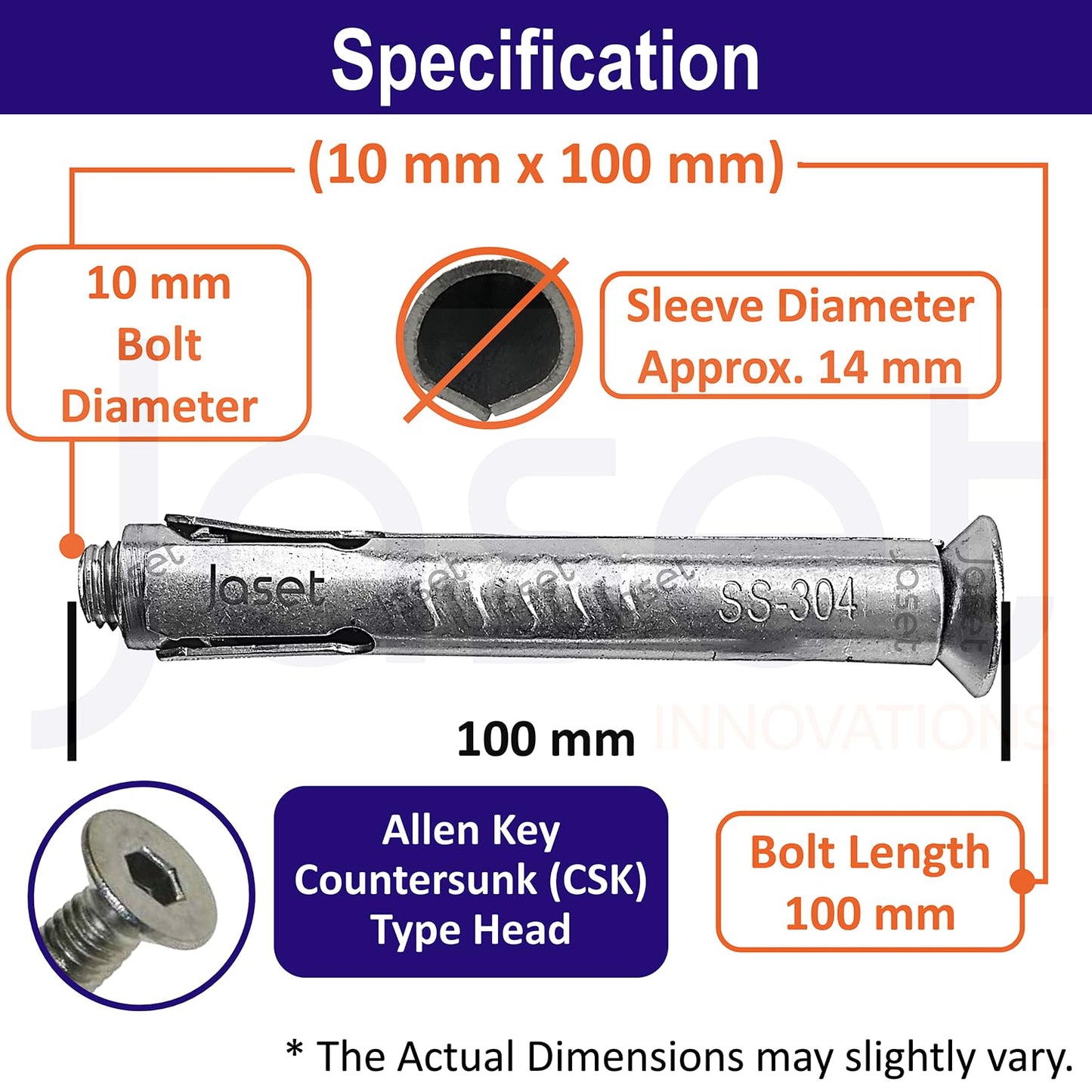 Stainless Steel Anchor Fasteners - 304 Grade Allen CSK (Counter Sunk) Type Head Bolt - 10mm Bolt Diameter, 100mm Length (Pack of 1 Piece)