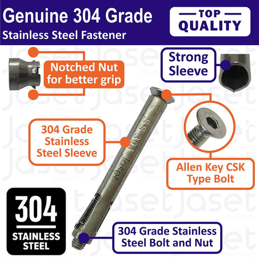 304 Grade Stainless Steel Anchor Fastener – Expansion Type – 8mm Bolt, 100mm Length (8x100) – Allen Key Counter Sunk Head – Pack of 100 pcs
