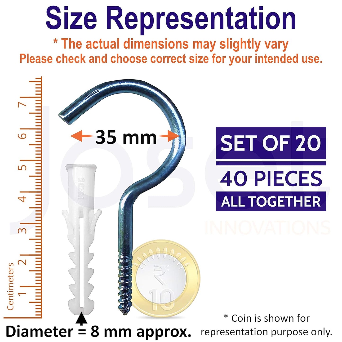 Carbon Steel Zinc Plated Screw in Hooks with Wall Rawl Plugs - 75 mm (20+20=40 pieces)