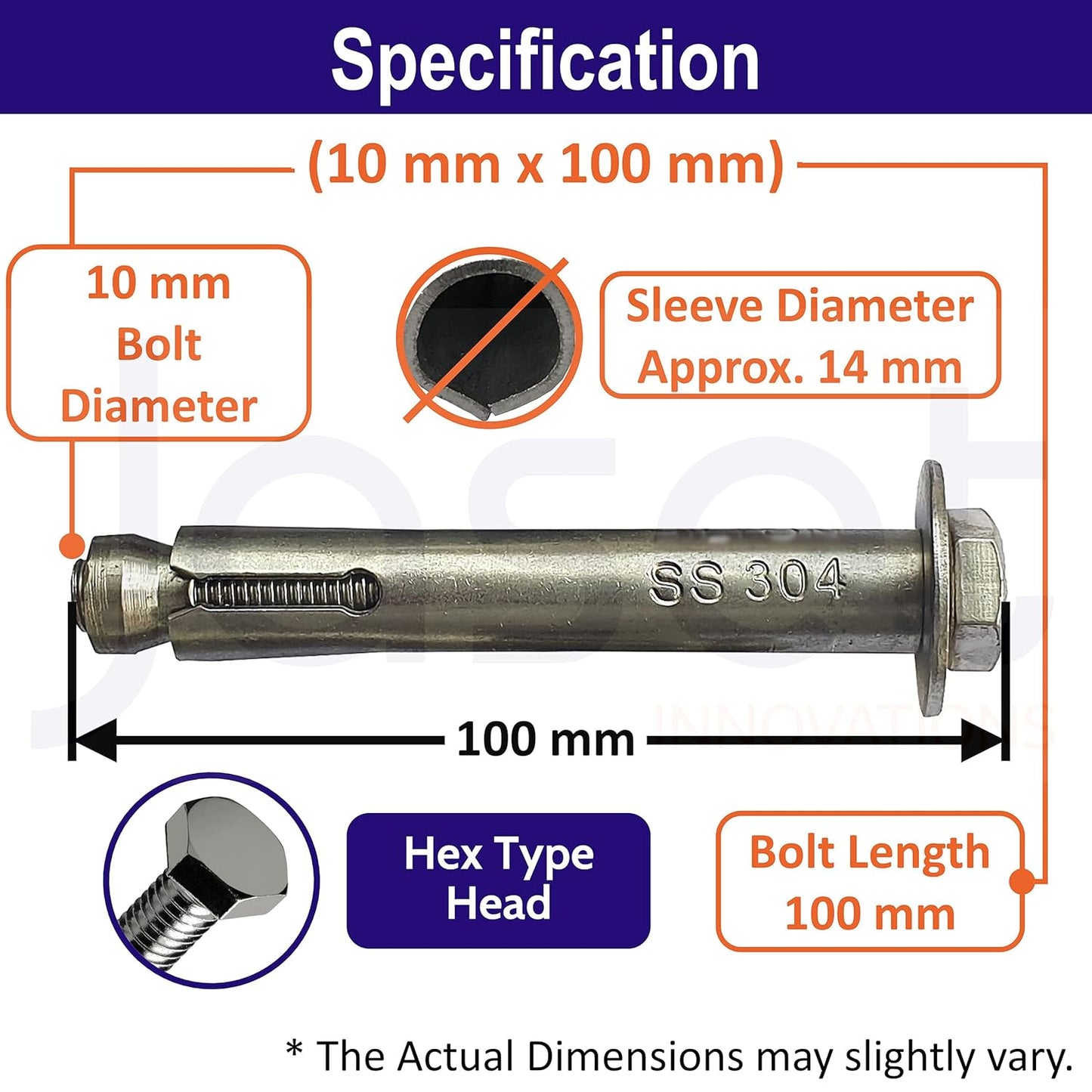 Sahmbi Innovations Stainless Steel Anchor Fasteners - 304 Grade Rust Proof - Expansion Type - Hex Head Bolt - 10mm Bolt, 100mm Length (Pack of 1 Piece)