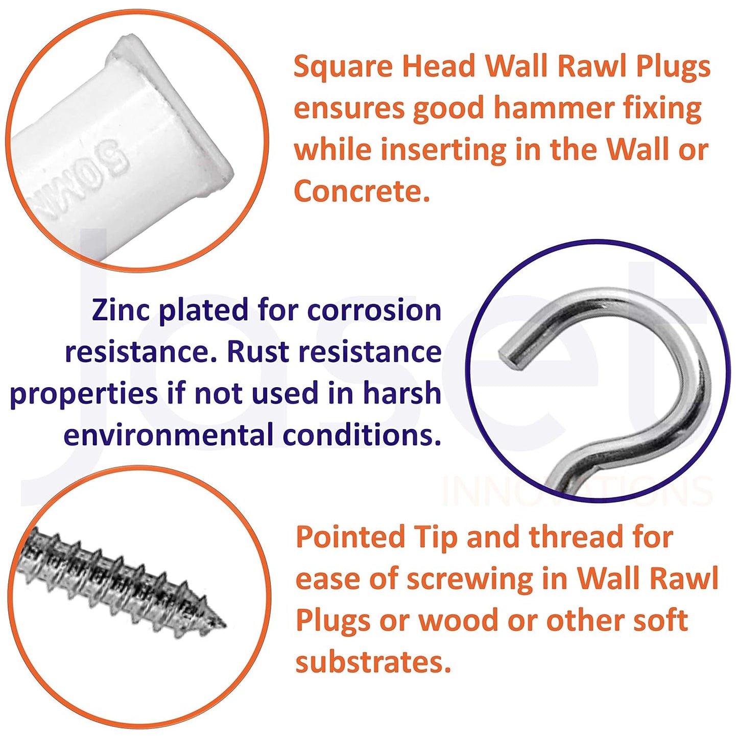 Carbon Steel Zinc Plated Screw in Hooks with Wall Rawl Plugs - 75 mm (20+20=40 pieces)