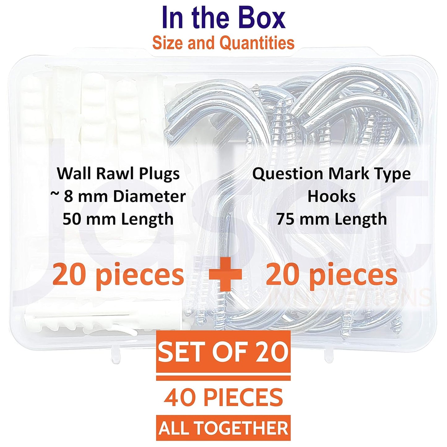 Carbon Steel Zinc Plated Screw in Hooks with Wall Rawl Plugs - 75 mm (20+20=40 pieces)