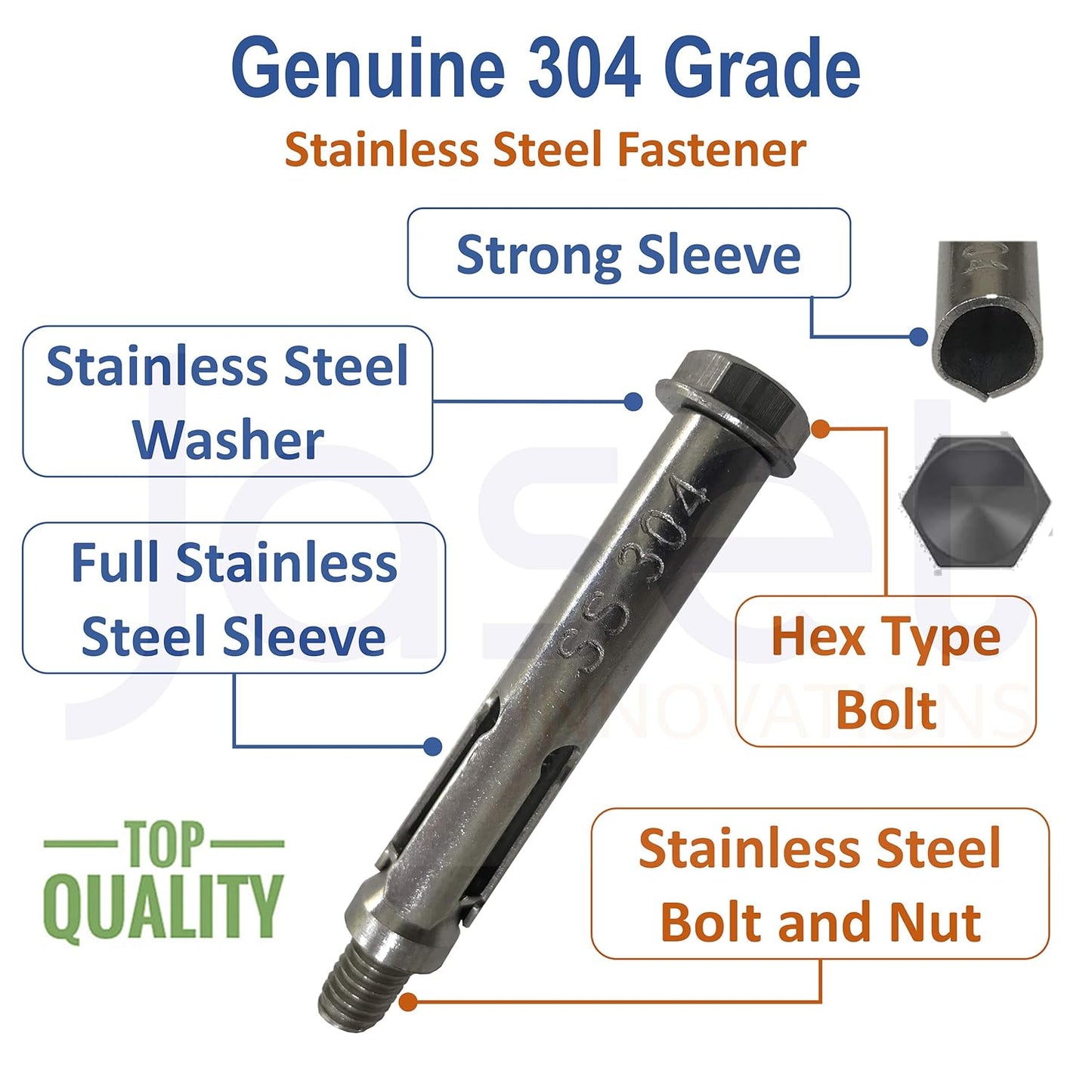Stainless Steel Anchor Fastener – 304 Grade Rust Proof – Expansion Type – 8mm Bolt, 75mm Length – Pack of 5 pieces