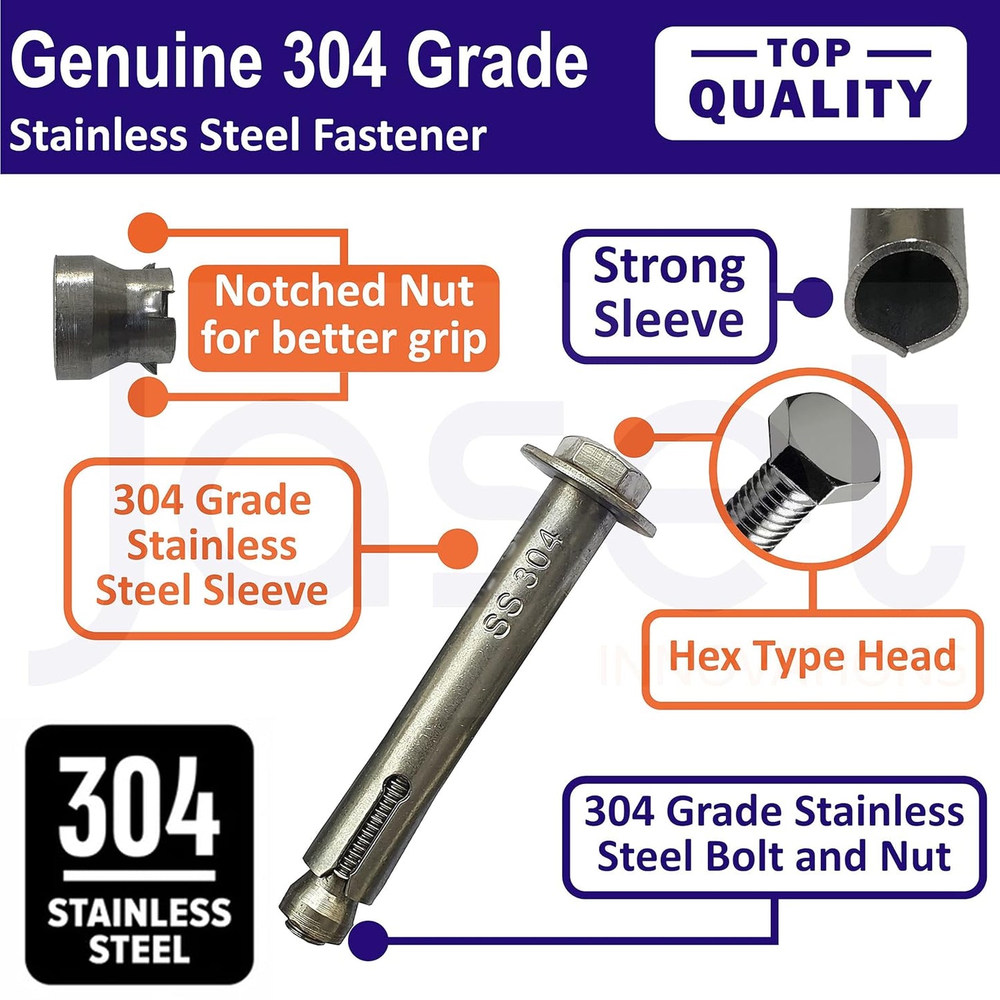 Sahmbi Innovations Stainless Steel Anchor Fasteners - 304 Grade Rust Proof - Expansion Type - Hex Head Bolt - 10mm Bolt, 100mm Length (Pack of 1 Piece)