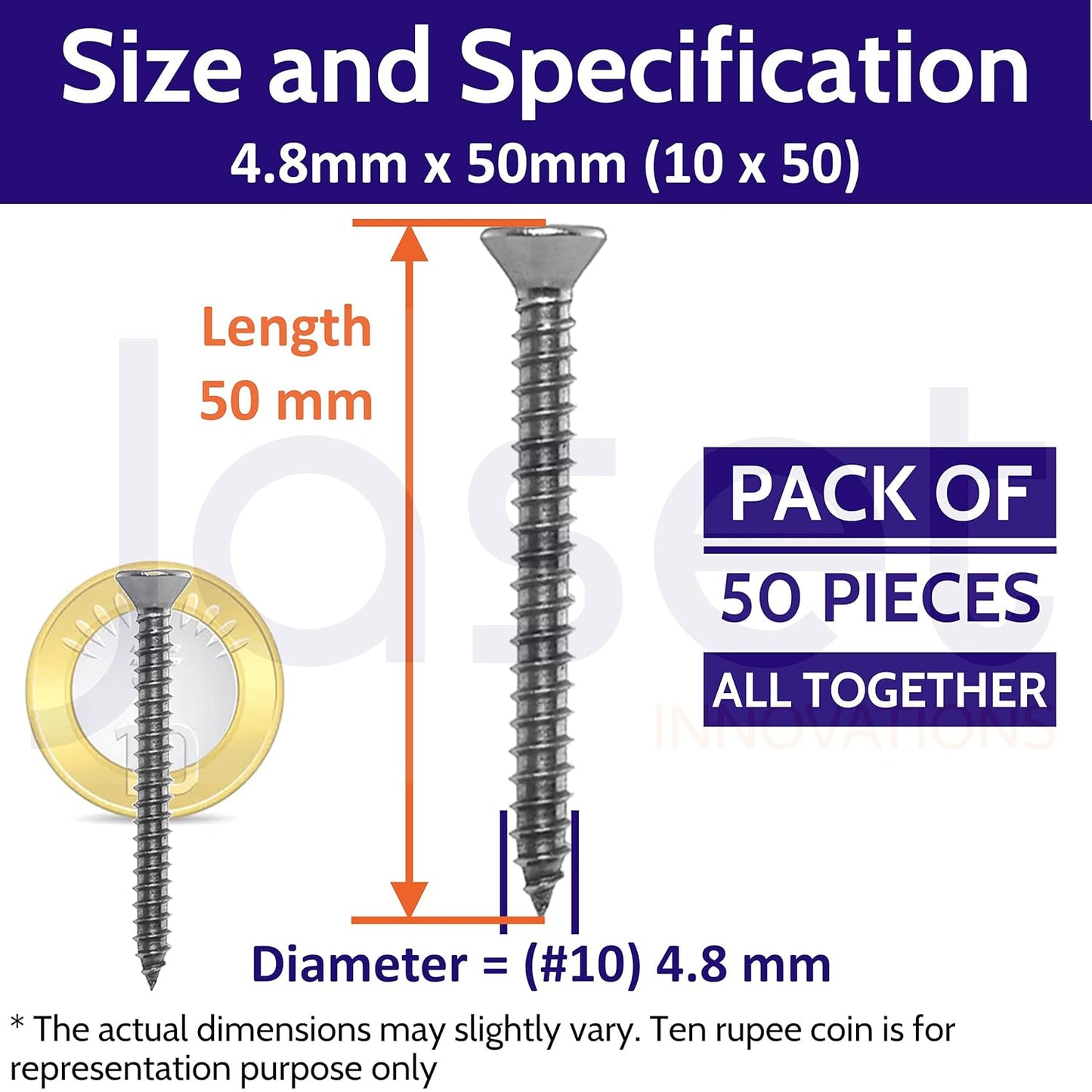 Sahmbi Innovations Stainless Steel Screw - 304 Grade Rust Proof - Counter Sunk Phillips Head (4.8 x 50mm) - 50 pieces