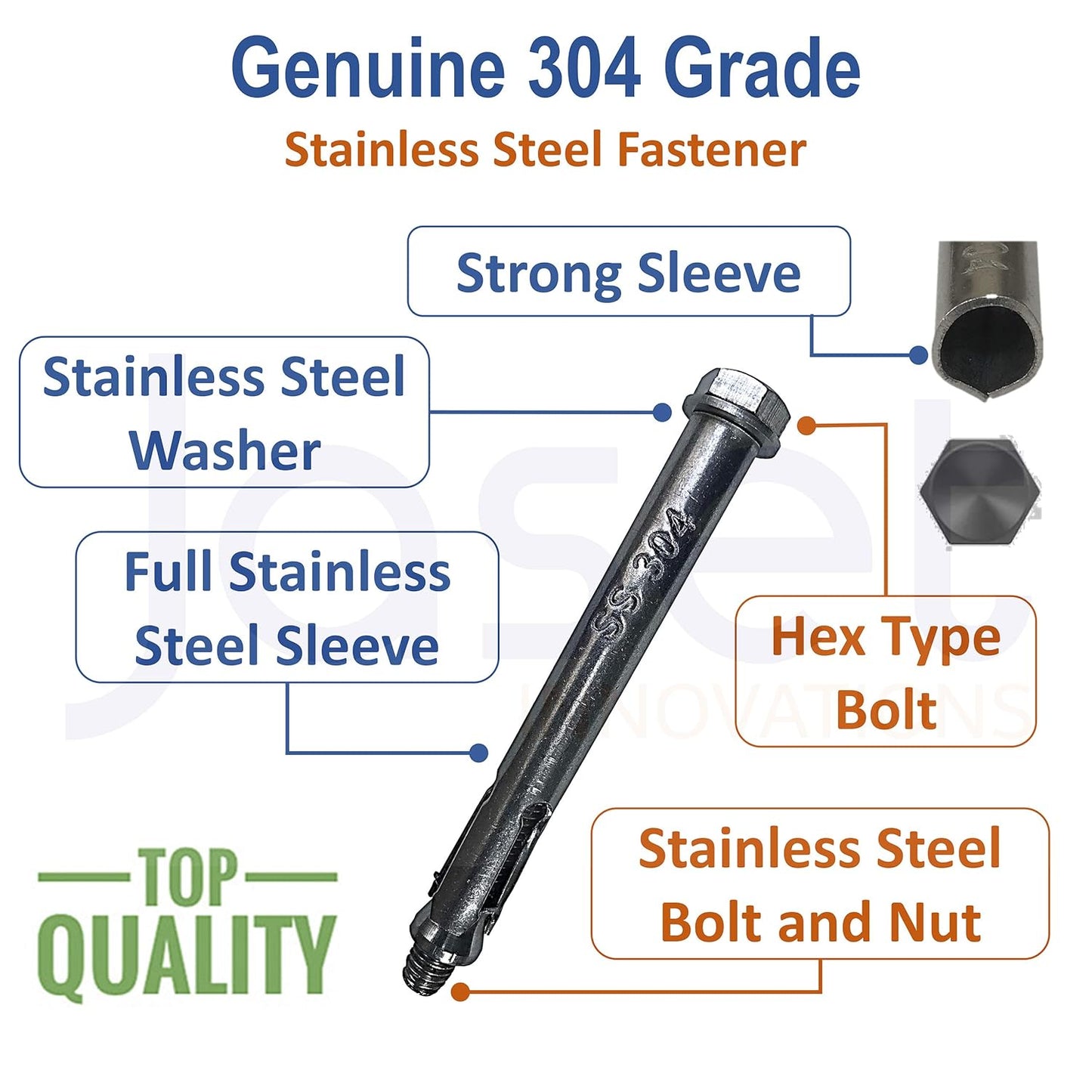 304 Grade Stainless Steel Fastener – Hex Head – 8mm Bolt, 100 mm Length – Pack of 5 pieces
