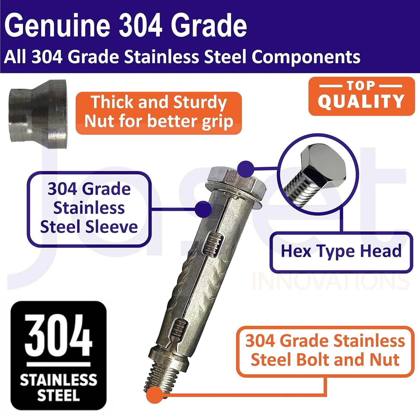 Stainless Steel Anchor Fasteners - 304 Grade Rust Proof - Expansion Type - Hex Head Bolt - 10mm Bolt Diameter, 70mm Length (Pack of 4 Pieces)