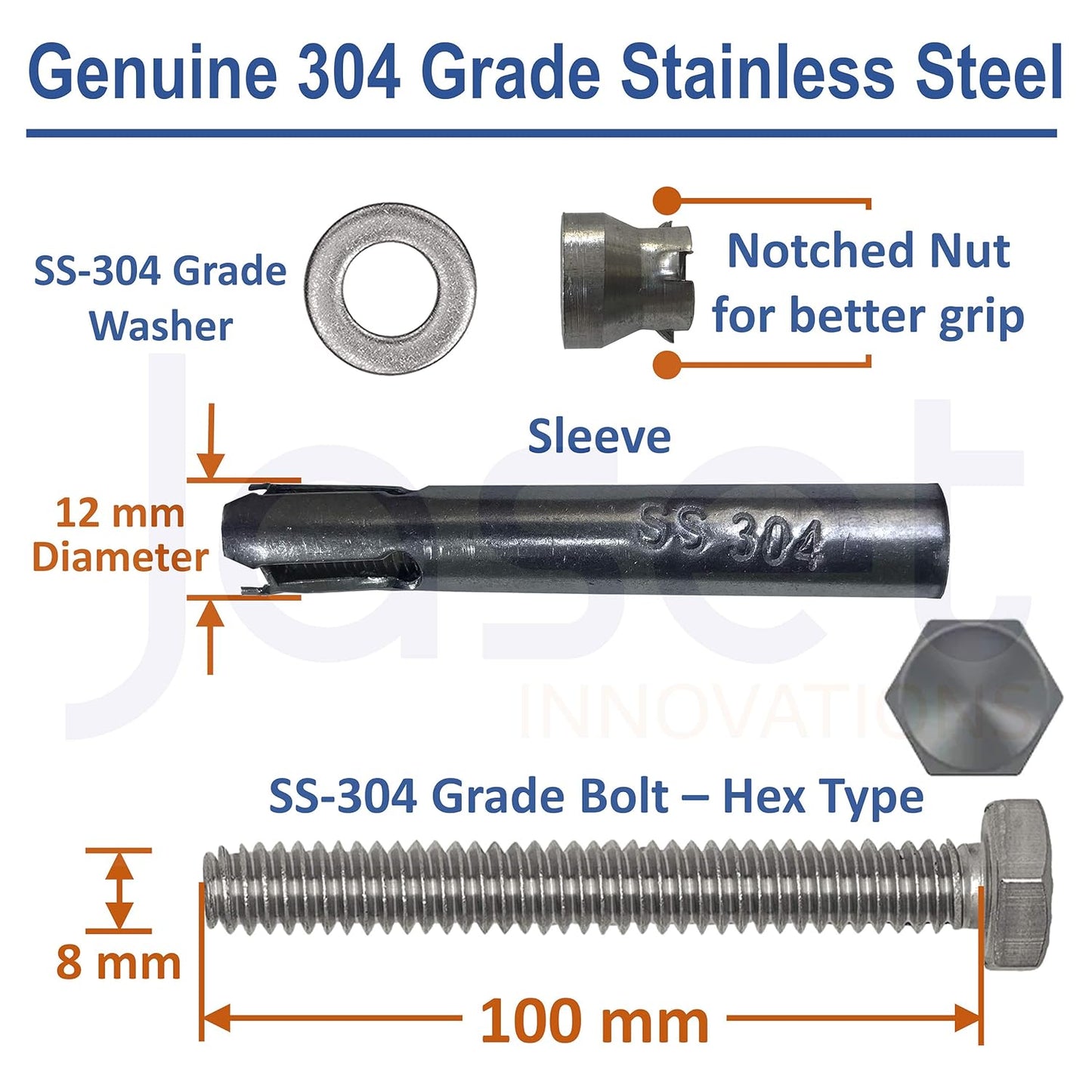 304 Grade Stainless Steel Fastener – Hex Head – 8mm Bolt, 100 mm Length – Pack of 5 pieces