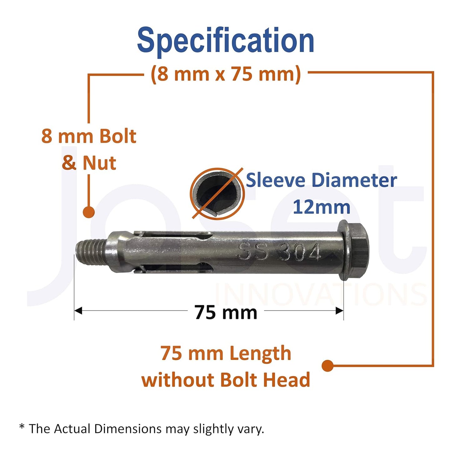 Stainless Steel Anchor Fastener – 304 Grade Rust Proof – Expansion Type – 8mm Bolt, 75mm Length – Pack of 5 pieces