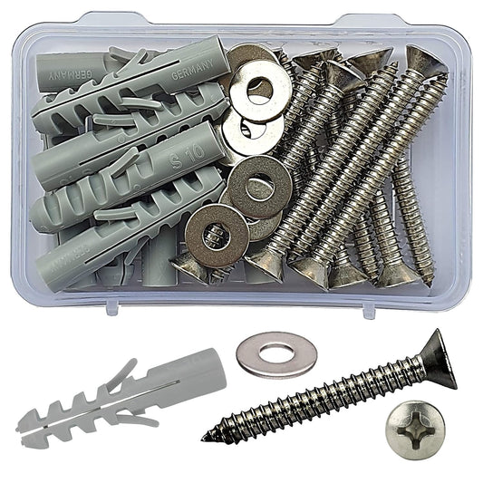 Nylon Wall Plugs/Gitti, Stainless Steel Screws (202G) Flat Phillips Head Counter Sunk (CSK) Type and Washers - Set of 30pcs