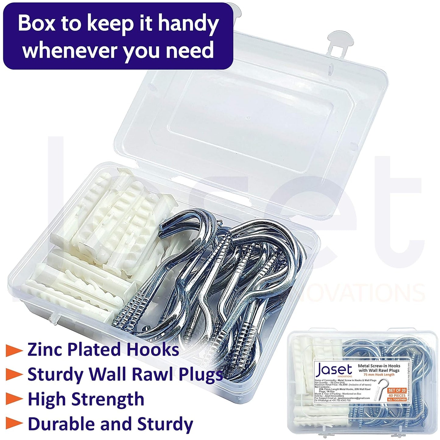Carbon Steel Zinc Plated Screw in Hooks with Wall Rawl Plugs - 75 mm (20+20=40 pieces)