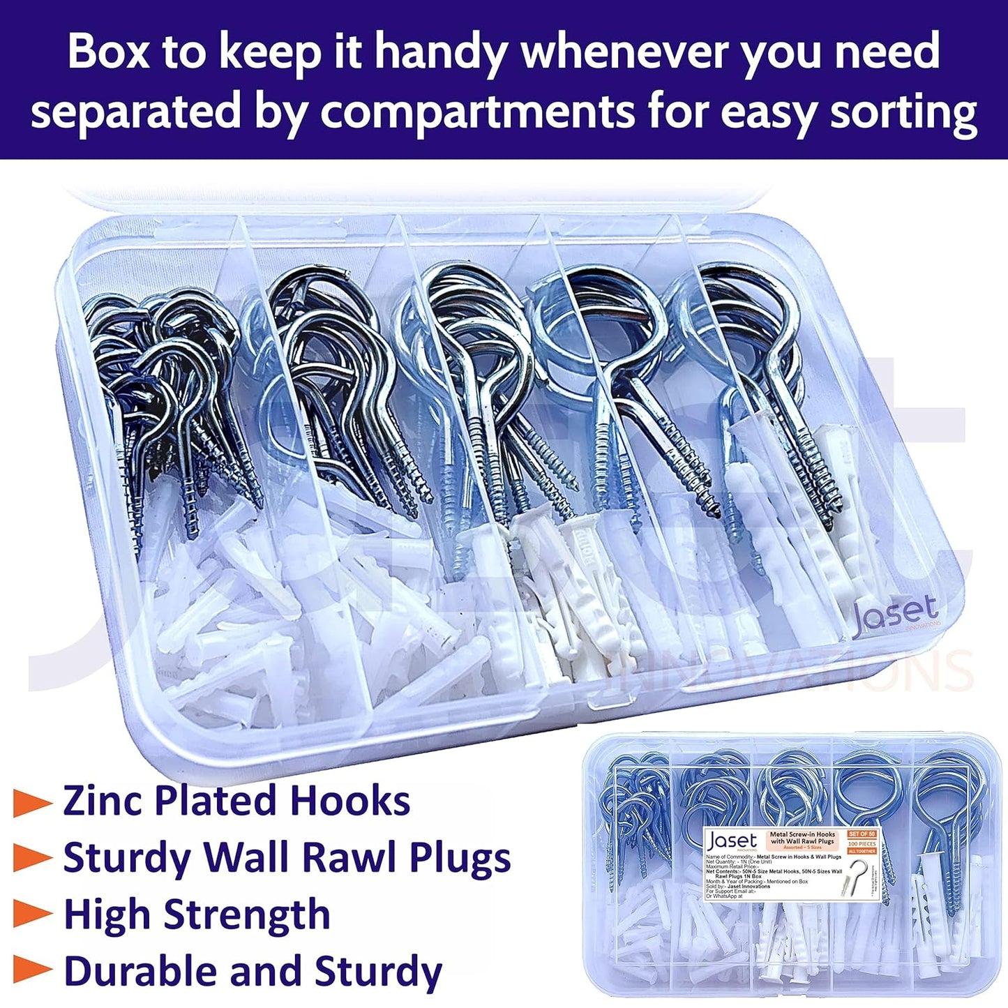 Screw-in Hooks with Wall Rawl Plugs/Gitti - 100ps