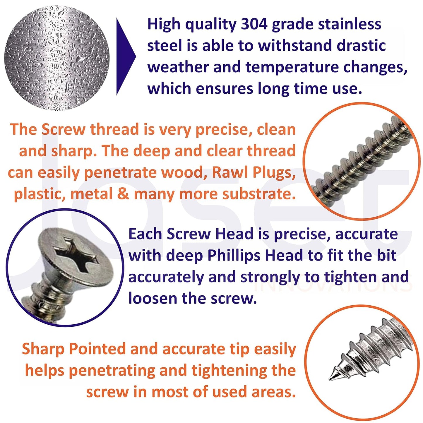 Sahmbi Innovations Stainless Steel Screw - 304 Grade Rust Proof - Counter Sunk Phillips Head (4.8 x 50mm) - 50 pieces